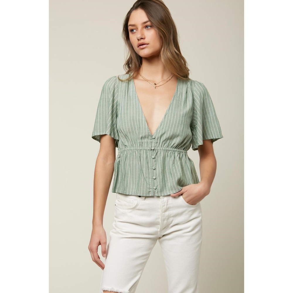 O’Neill Wes Stripe Moss Green V-neck Peplum Top Flowy Short Sleeve Women Size XL